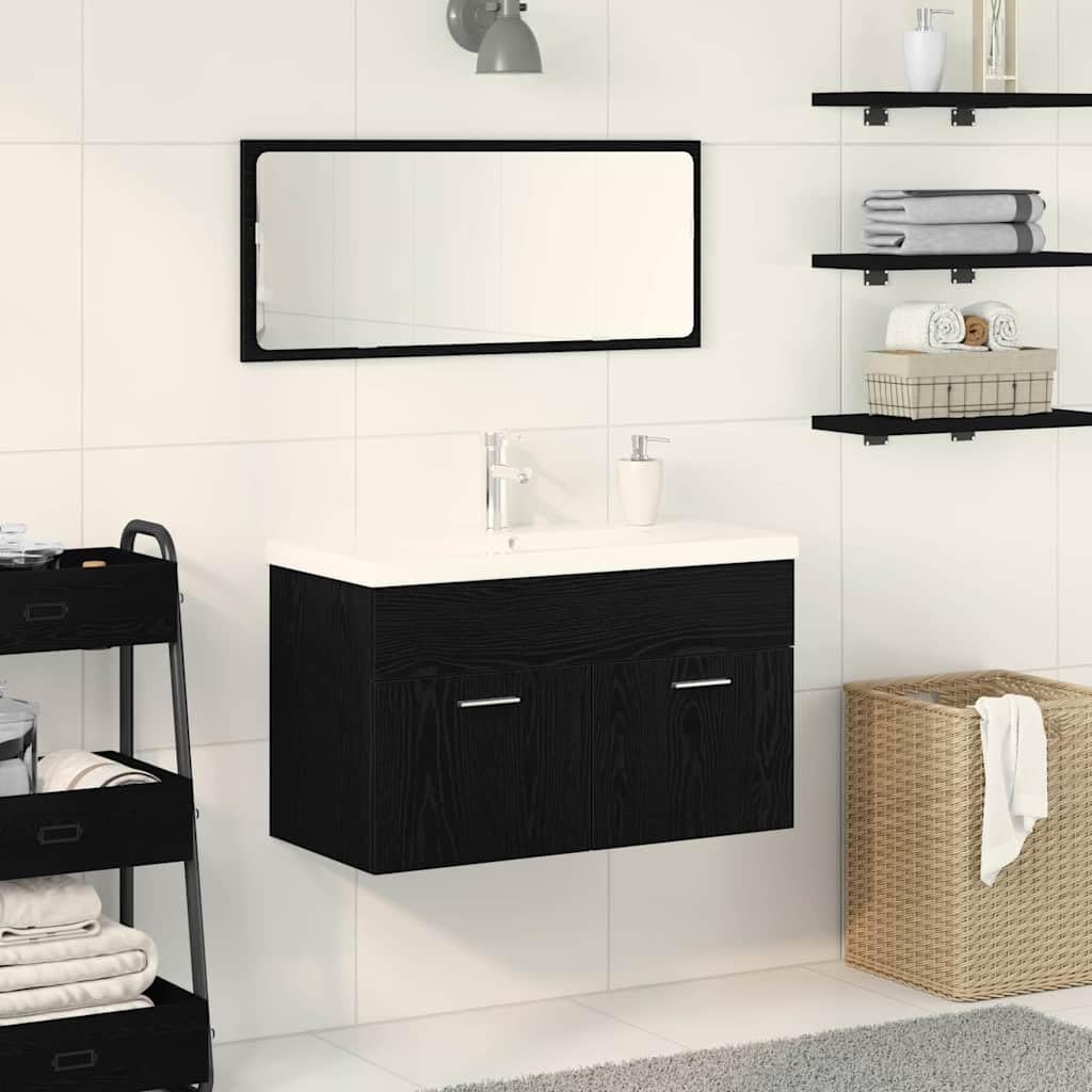 Armario de baño de 80 cm con aspecto de roble negro y cajón para colgar