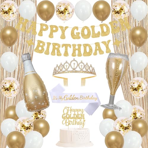 Image of Trgowaul It's My Golden Birthday Decorations for Women Girls, Banner, Sash and Crown, Cake Topper, Latex Balloons Fringe Curtains, Champagne Gold Happy Birthday Party Supplies