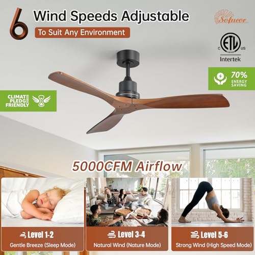 Image of Sofucor 52 Inch Modern Solid Wood Ceiling Fan No Light for Indoor Outdoor