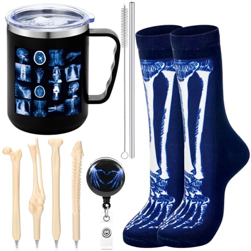 Patelai 7 Pcs Christmas Radiology Doctors Gifts Set Xray Tech Gifts 16 oz Tumbler with Handle Skeleton Socks X-Ray Badge Reel Bone Shape Ballpoint Pens for Radiology Tech Appreciation Men Women Nurse