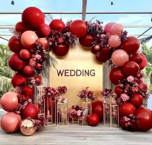 Image of Red Pink Balloon Garland Double Stuffed Burgundy Pink Balloons Dark Red Maroon Rose Gold Balloon Arch Kit for Birthday Bridal Wedding Birthday Mother's Day Graduation Party Decoration