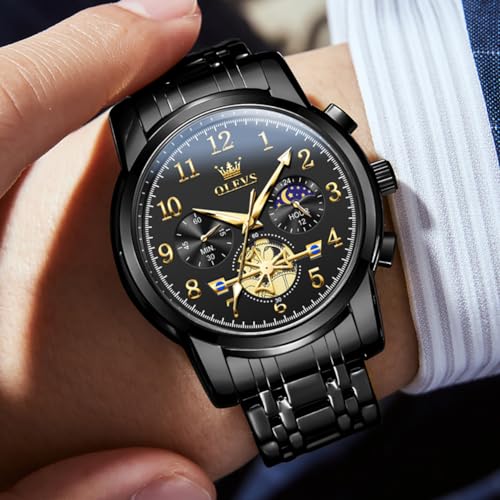 Image of OLEVS Men's Business Watch Gold Blue with Large Easy-Read Analog Quartz Date Display Luxury Stainless Steel Band Waterproof Luminous Hands