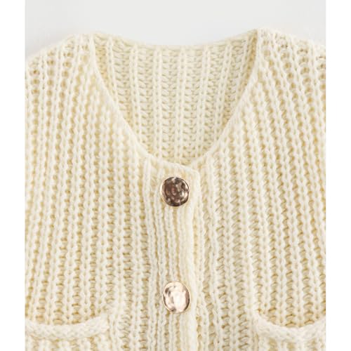 Image of Hixiaohe Womens Crochet Chunky Knit Top Sleeveless Button Down Crop Tops Trendy Cardigan Sweater Vest for Women with Pockets