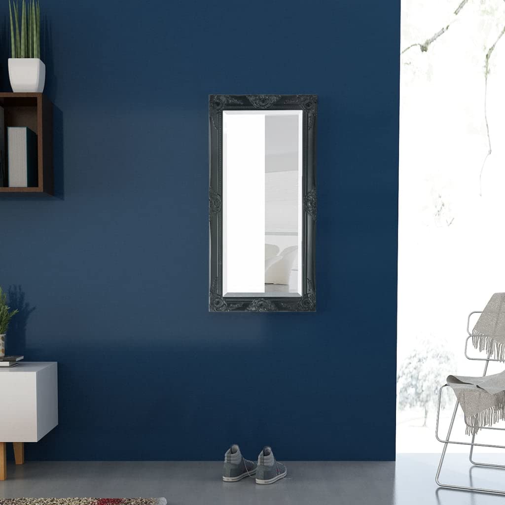 Barocker Wandspiegel schwarz 100 x 50 cm Holz Glas Rahmen Antik Look mit 4 Befestigungshaken für Flur Schlafzimmer Garderobe