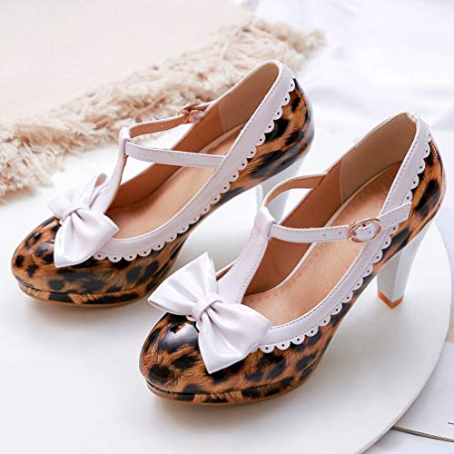 KOKOMOMO Womens Print T-Strap Pumps Bow Mary Jane High Heels Platform Shoes2
