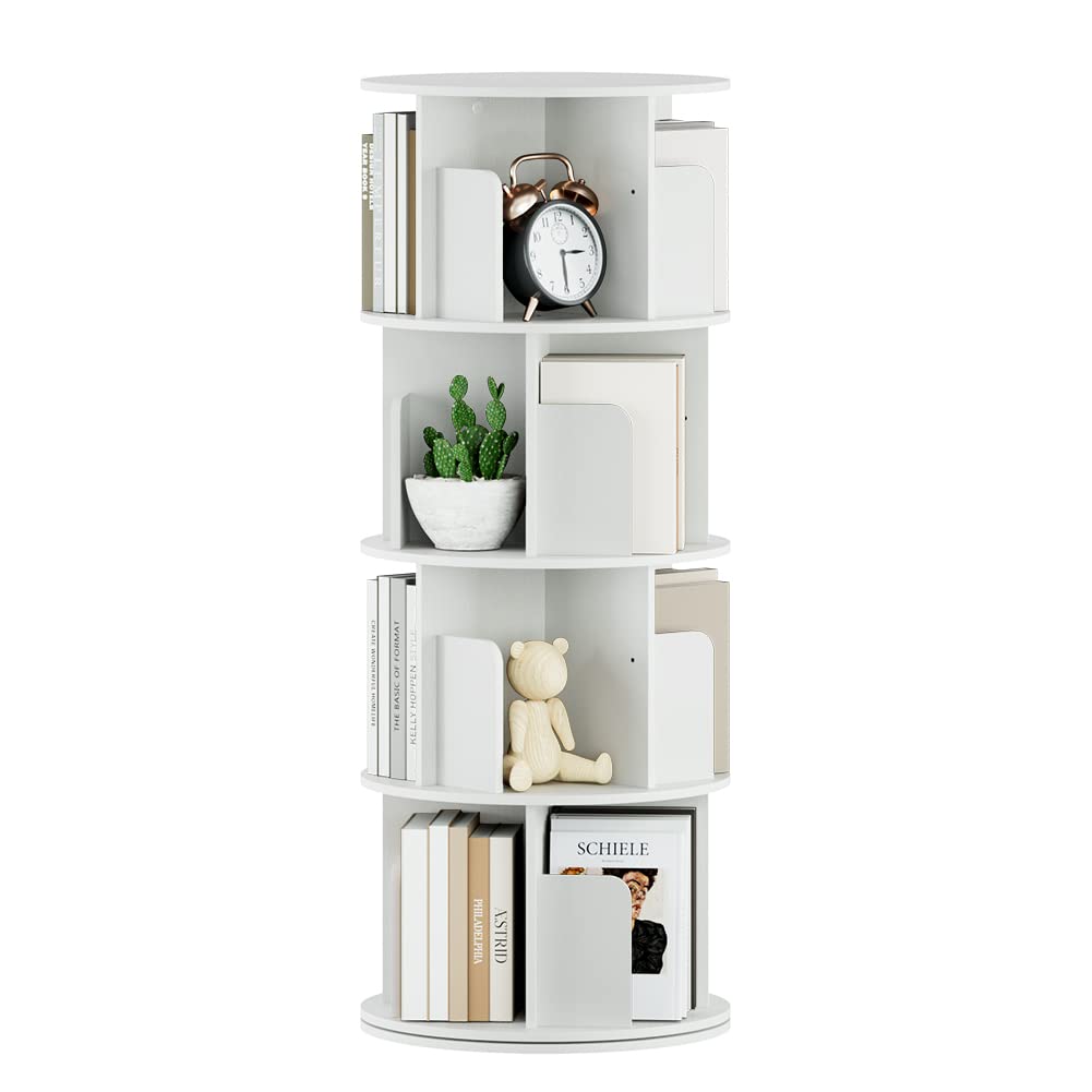 OTK Rotating Bookshelf, 360° Display Standing Book Shelf Organizer, 4 Tier Wooden Corner Bookshelves for Small Space, Small Bookcase Storage Rack for Kids' Room, StudyRoom, Bedroom, White