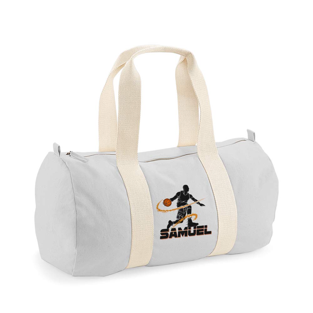 Personalised Basketball Player Any Name Sports Lover Gift for Men, Brother, Father, Boyfriend-Boy Birthday Present Gift idea Unisex Barrel Bag Holdall Zip Sports Bag Duffle Bag. (Light Grey)