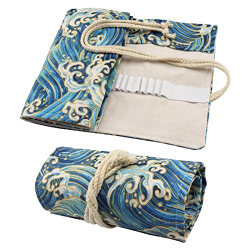 Image of Canvas Pencil Wrap Case, 48 Holes Colored Pencil Roll Holder Storage Pouch for Office (48 Holes, Blue)