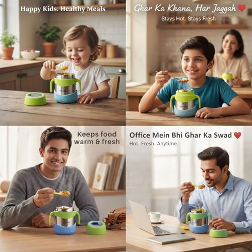 Image of Speedex Kids Insulated Food Jar 320ml Minty Fresh (Green), Stainless Steel Lunch Box with Handle & Spork, Leak Proof BPA-Free Double Wall Vacuum Tiffin, Hot & Cold Food Container