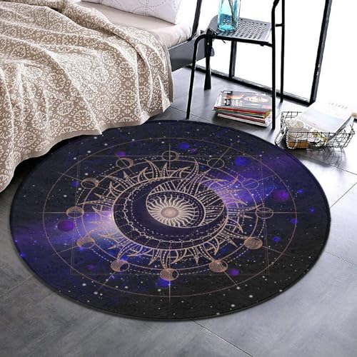 Comfortable 5ft Round Area Rug Entry Doormats, Machine Washable Circle Mat for Bathroom Living Room Entryway, Sacred Geometric Symbol Purple Space Galaxy Stars Mystic Sun Moon