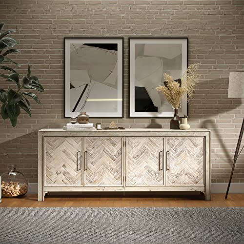 Image of Jofran 79 inch Acacia Wood Four Door Accent Cabinet with Adjustable Shelves, Mid-Century Modern Storage Cabinet for Living Room, Grey Wash