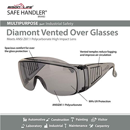 Image of SAFE HANDLER Diamont Gray Vented Over Glasses Safety Glasses, 12 Pack | ANSI Z87.1 & CE EN 166 Certified Impact Resistant, Fit over Prescription Goggles for Men & Women - Work, Lab & Industrial