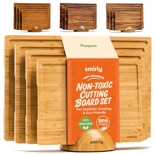 SMIRLY Bamboo Wooden Cutting Boards for Kitchen, Set of 4 Large - Small with Holder, Bamboo Wood Cutting Board Set with Deep Juice Grooves, Non Toxic Serving Tray, Gifts for Women