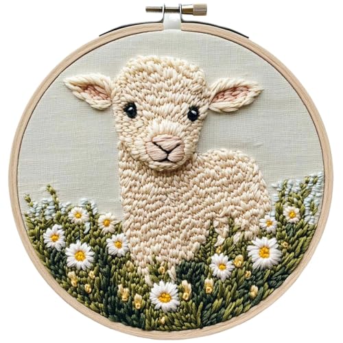Generisch Punch Bordery Kit, Complete Stitching Punch Needle Set with Sheep Pattern, Threder, Yarn, Fabric, Hoop, Instruction Guide, Ideal for Beginners, Adults, Home Decor, Relaxation