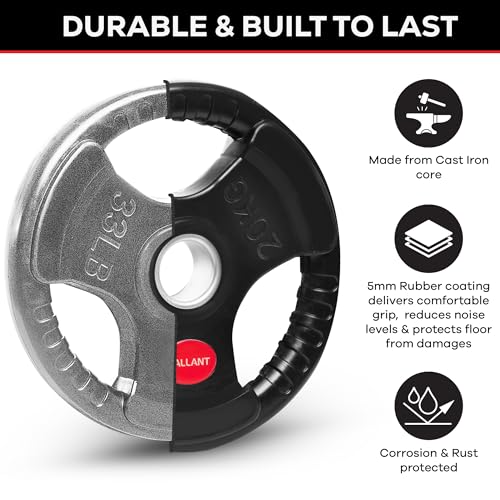 Gallant 2 Inch Olympic Weight plates - Rubber Coated Cast Iron Weight Plates With Tri Grips, 2.5kg, 5kg, 10kg, 15kg, 20kg, 25kg, 35kg, 50kg & 100kg Olympic Barbell Weights Plates Set Weight Lifting - Image 5