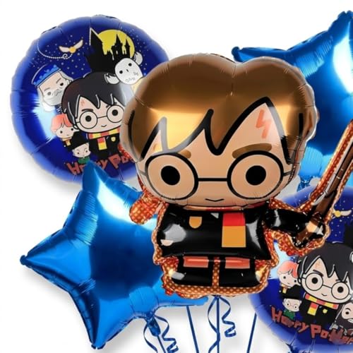 Image of Wanna Party Magician Boy Theme Foil Balloon Bouquet Set - 5PC Helium Supported Magic Birthday Balloons for Kids Party, Cake Table, Backdrop & Photo Booth Decor