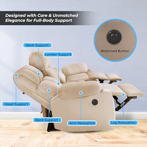 Image of Little NAP Helios Soft Suede Fabric Three Motorized Standard Recliner | Padded 3 Seater Aaram Sofa | Relaxing Chair for Home Office Living Bed Room | Beige