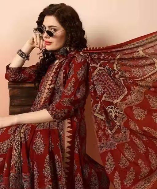 Image of Women's Slub Rayon Paisley Print Anarkali Kurta Pant with Dupatta