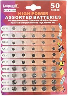 Loopacell High Power Super Alkaline Button Cell Assorted 1.5V Battery AG3/LR41 AG4/LR626 AG5/LR754 AG10/LR1130 AG13/LR44,50 Count (Pack of 1)