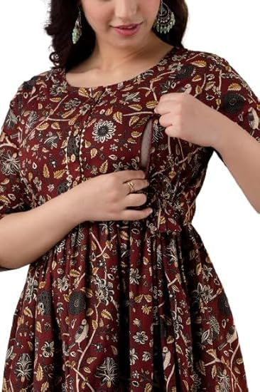 Women's Cotton Floral Printed Maternity Dress Kurti with Feeding Zipper Maternity Gown for Women Feeding Dress