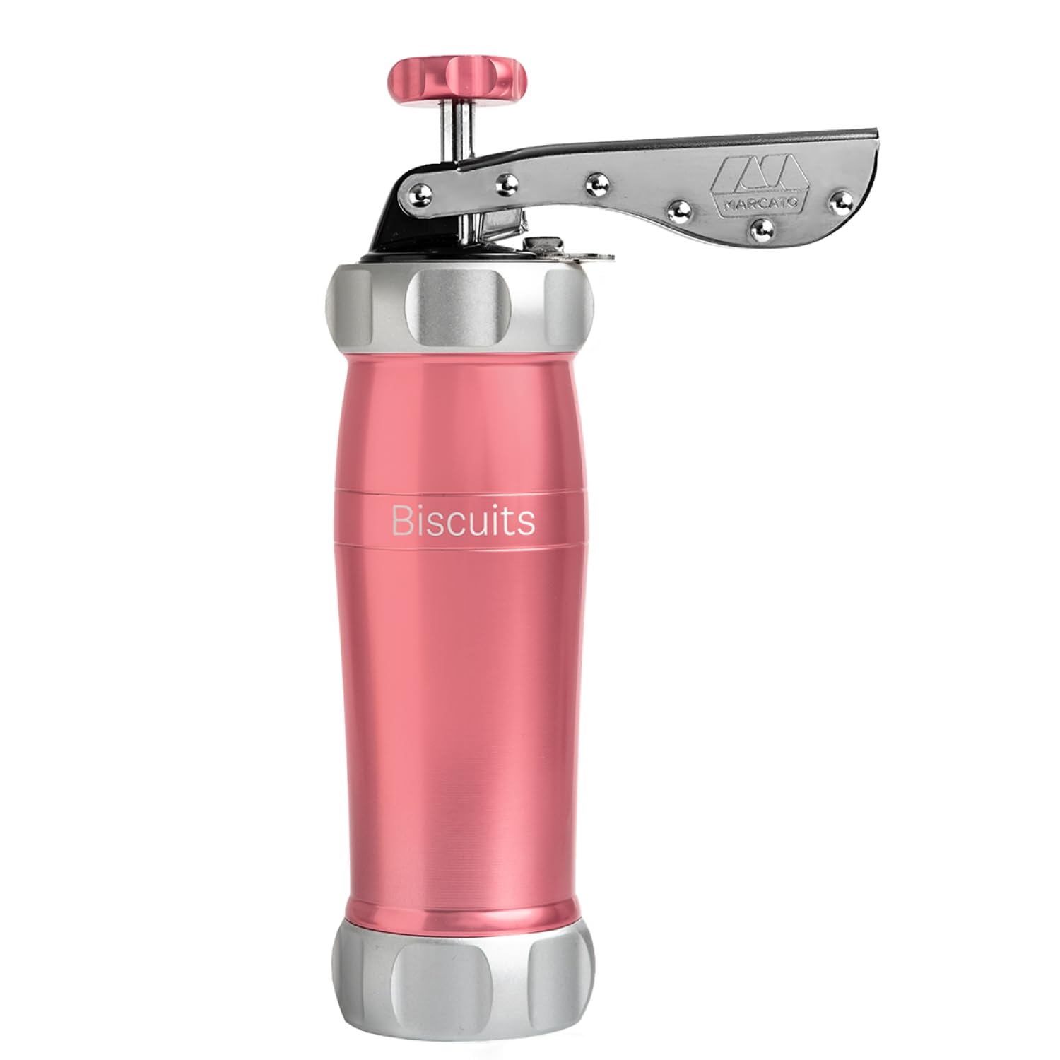 Marcato Sparabiscotti, Siringa per Dolci, Macchina per Biscotti fatti in casa, Accessorio da Pasticceria, in Alluminio Anodizzato, Grandezza Biscotto Regolabile, 20 Trafile Incluse. Colore: Rosa