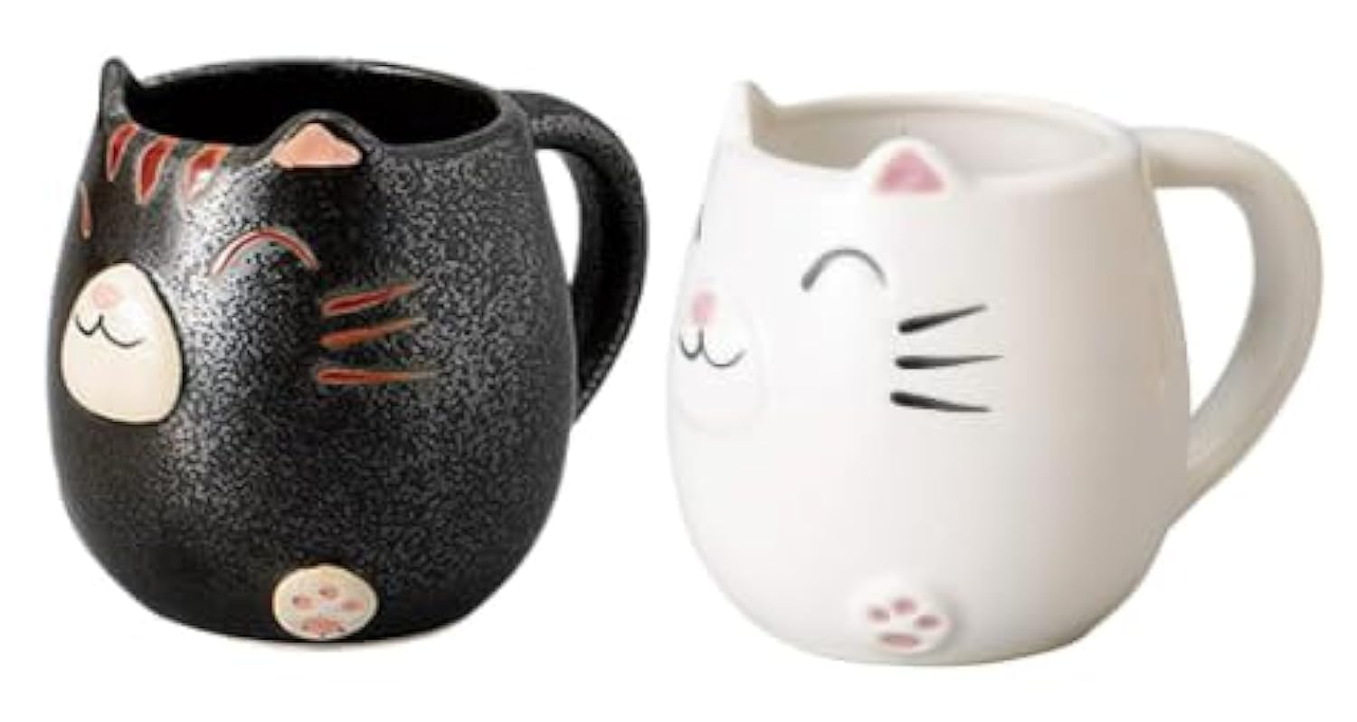 Japanese Mino Ware Ceramic Smiling Cat Mug Cups Set, White and Black H3.15 x 3.7 Inches in diameter, 10.1 Fluid Ounces, Set of 2 from Japan 7871