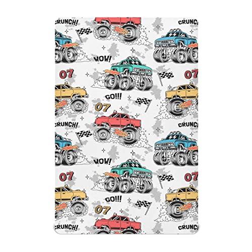 Monster Trucks White Baby Crib Sheets - Fitted Crib Sheet, Boys & Girls Cotton Crib Sheet for Standard Crib and Toddler Mattresses - S