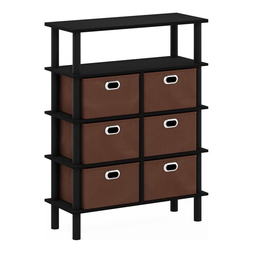 Furinno FRANS Entryway Table, 4-Tier Toolless Assembly Console Table with Drawer Storage Bins, Open Shelf Sofa Table, Side Table, for Living Room, Home Office, Entryway, Black Oak/Black/Brown