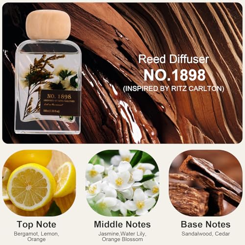 Luxury Hotel Scent Reed Diffuser 100ml (3.38oz) | No.1898 Hotel Collection Diffuser Oil Inspired by Ritz Carlton | Home, Bathroom &amp; Office Decor | Long-Lasting Room Freshener Gift Set