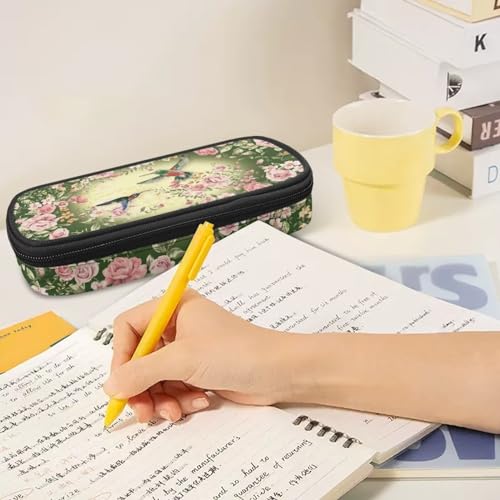 Image of Hummingbird Rose Flower Pencil Pouch Organizer, Multi-Slot Pen Case Pencil Holder Makeup Bag Spacious Pencil Box Holder with Zipper