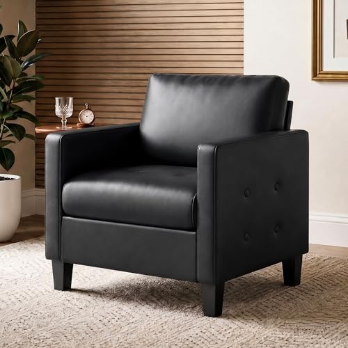 Image of STHOUYN Black Comfy Accent Chair, Faux Leather Living Room Chair