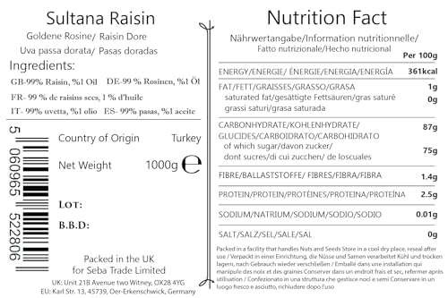 Seba Garden Sultana Rosinen 1kg, Rote türkische Sultana Rosinen ohne Kerne