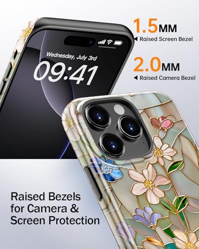 Image of Goodon for iPhone 16 Pro Max Case Cute,Aesthetic Vintage Mosaic Stained Glass Shell Design,Glossy Floral Pattern,MagSafe Compatible,Preppy Trendy Y2K Protective Silicone Phone Cover for Women Girls