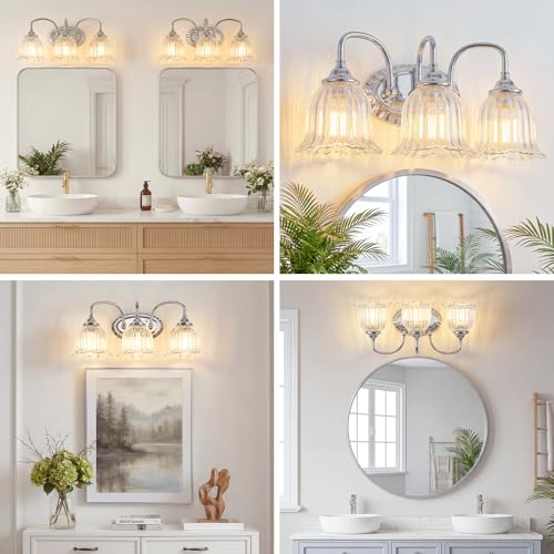 Image of Chrome 3-Light Bathroom Light Fixtures with Floral Glass Shade