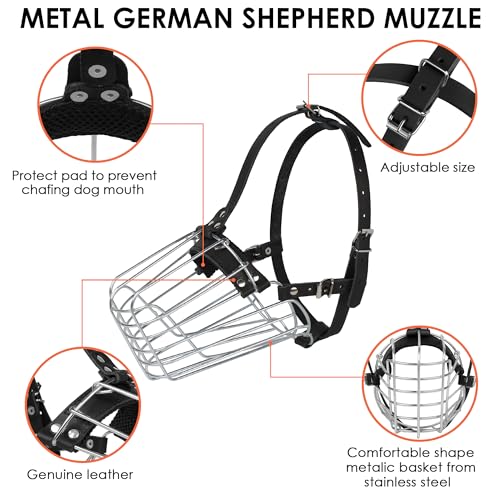 BUDKAS Deutscher Schäferhund Maulkorb Metall Korb für Mittlere Große Hunde Verstellbare Langlebige Lederriemen Sichere Drahtmaske zum Beißen Kauen Bellen (Silber, L - Größe)