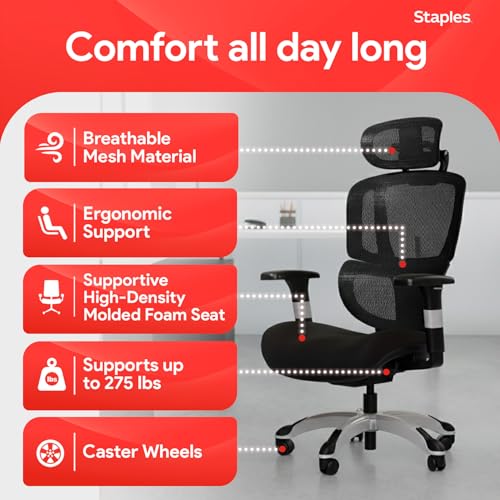 Image of STAPLES Ergonomic Task Chair, Mesh, Ergonomic, Lumbar Support, Swivel, Black
