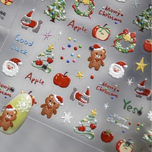 Image of Christmas Nail Stickers Decals Bear Nail Stickers for Nails Art Xmas Tree Nail Decals 5D Embossed Self Adhesive with Design Apple Nails Art Decals for Women Girls Kid Manicure DIY Decoration