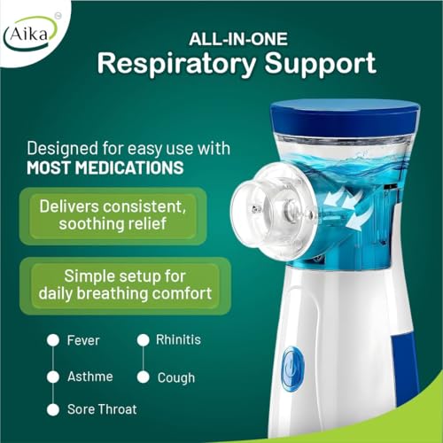 Image of Aika Portable Mesh Nebulizer Machine for Adults & Kids - Ultra-Quiet Handheld Cool Mist Inhaler with Self-Cleaning Mode, USB-C & Battery Operated Travel Steam Kit for Respiratory Care (White, 6 Month Warranty)