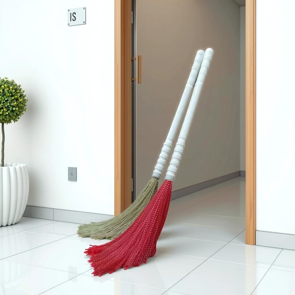 XY DECOR Washable Broom Plastic Broom. Folding Broom. Plastic Phool Jhadu Silicone, Plastic Bristle Wet and Dry Broom - 39" (Pack of 2) (Brown, Red)-image-4