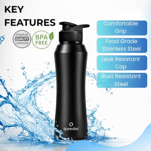Image of Speedex Stainless Steel Water Bottle 1 Ltr, Leak Proof Sipper Cap, BIS Approved 1000 ml Metal Bottle For Daily, Office, School, Gym, Travel Use for Men, Women, Kids, Adults, Black, Set of 1