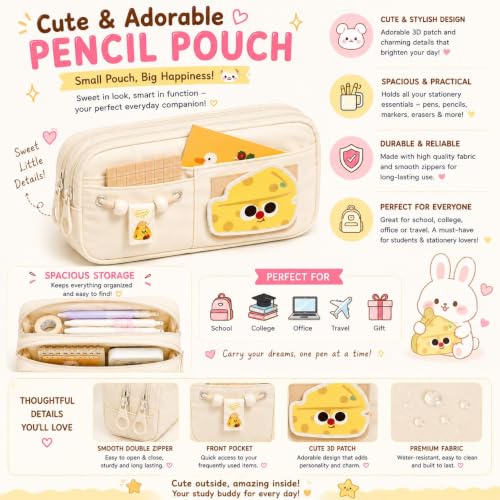 Image of Cute Aesthetic Pencil Case for Girls & Boys | 3 Layer 6 Compartment Large Capacity Pencil Pouch with Zipper | Cartoon Stationery Organizer Bag for Students & Kids (Beige)