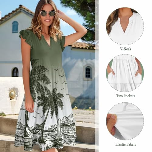 Image of Women's Casual Ruffle Sleeve Dress V Neck Pullover Dress Flowy A-Line Pleated Lightweight Dress with Pockets