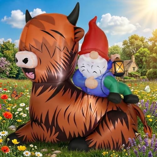 Leyndo 5 ft Summer Inflatables Highland Cow with Gnome Inflatable Outdoor Decoration for Summer Outdoor Garden Lawn Yard Party