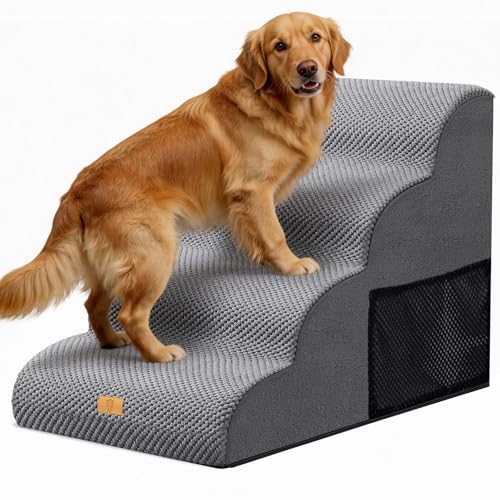 Thihome Hundetreppe 4 Stufen, rutschfest Hundetreppe für Kleine Hunde aus Hochdichtem Schaumstoff, Haustiertreppe mit Griff & Aufbewahrungstasche, 50 cm Hoch Hunderampe für Bett & Sofa, Grau