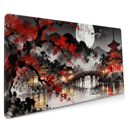Image of Black Red Japanese Mouse Pad 35.4x15.7 XXL Maple Leaves Tree Lake Pavilion Watercolor Extended Large Mousepad Keyboard Mouse Mat Desk Pad with Non-Slip Rubber Base Stitched Edges for Home Office Game