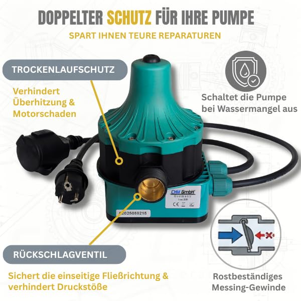 Pumpensteuerung Druckschalter (EIN- und Abschaltdruck einstellbar) mit Trockenlaufschutz für Pumpen bis 2,2 Kw