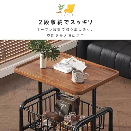 サイドテーブル 収納テーブル ワゴン 2段 ベッドサイドテーブル キャスター付き 移動式 360度回転 幅43×奥行30×高さ54 キッチンラック キッチンワゴン おしゃれ 省スペース 多目的収納ワゴン エステ・ネイルサロン・美容室業務用／家庭用キッチンサイドテーブル・ベッドサイド収納／オフィスPCデスクサイドラック・プリンター台として活用可 玄関 ソファー 介護テーブル ミニデスク（ブラウン） [4]