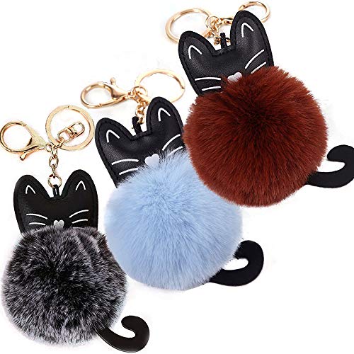 Preisvergleich Produktbild 3 Stück Kunstfellball Katze Schlüsselanhänger flauschiger Schlüsselanhänger Katze Pom Ball Schlüsselanhänger Katze Anhänger für Handtasche Rucksack hängend