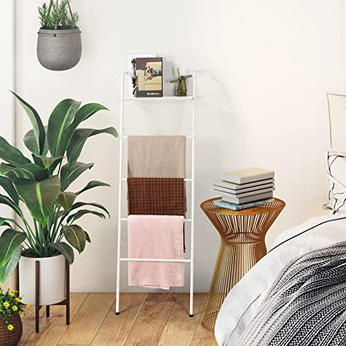 Image of Blanket Ladder Farmhouse Towel Rack Holder for Bathroom, Wall Leaning Decorative Quilt Rack with Shelf, Rustic Blanket Storage for Living Room Bedroom Home Decor, White