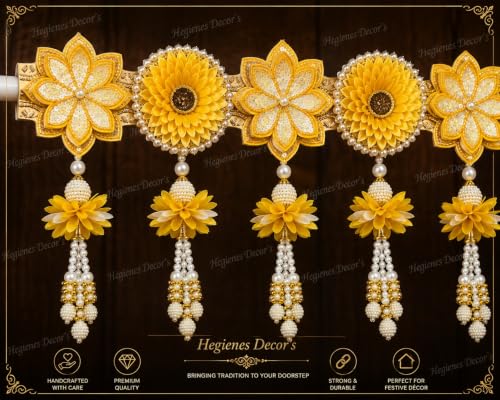 Image of Hegienes Decor's Yellow Flower Toran for Door Entrance, 38.5 Inch Decorative Bandarwal with Pearl Beads and Hanging Latkan, Handmade Floral Door Hanging for Home, Mandir, Pooja, Decoration